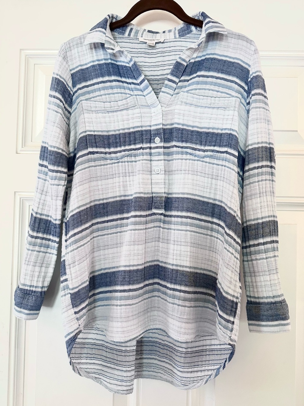 Beachlunchlounge 100% Cotton Coastal White/Blue Striped Gauze Popover Tunic XS